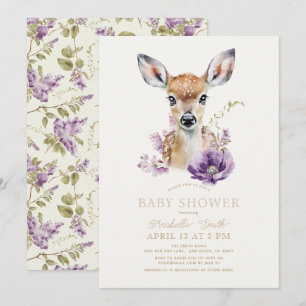 Fawn Deer Purple Floral Baby Shower Invitation