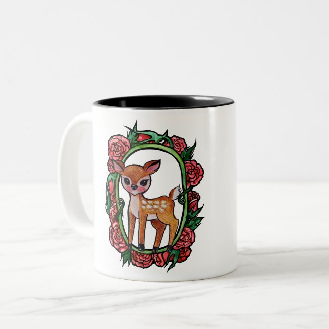 Fawn Deer Red Roses                                Two-Tone Coffee Mug (Front Left)