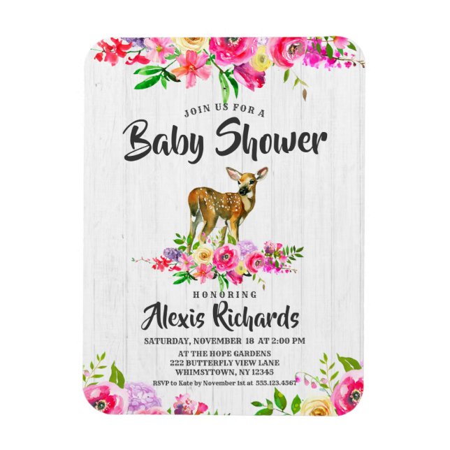 Fawn Deer Watercolor Floral Baby Shower Invitation Magnet (Vertical)