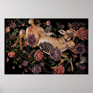Fawn Deer with Birds and Flowers gothic botatnical Poster