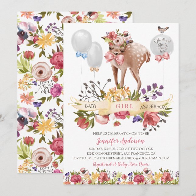 Fawn Flowers Balloons Baby Girl Shower Invitation (Front/Back)