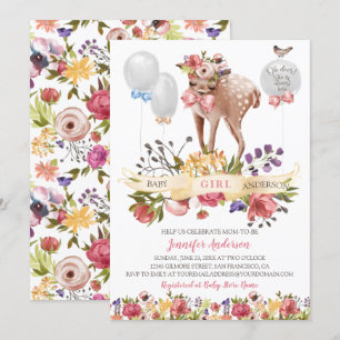 Fawn Flowers Balloons Baby Girl Shower Invitation