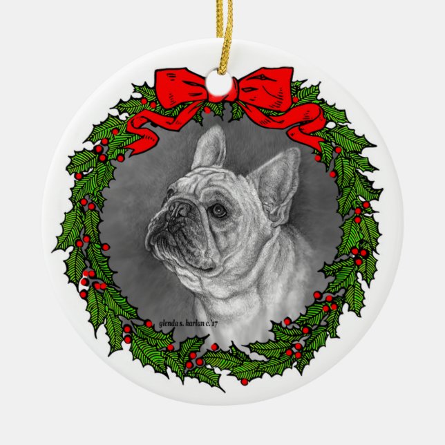 Fawn French Bulldog Art by Glenda S. Harlan Ceramic Tree Decoration (Front)