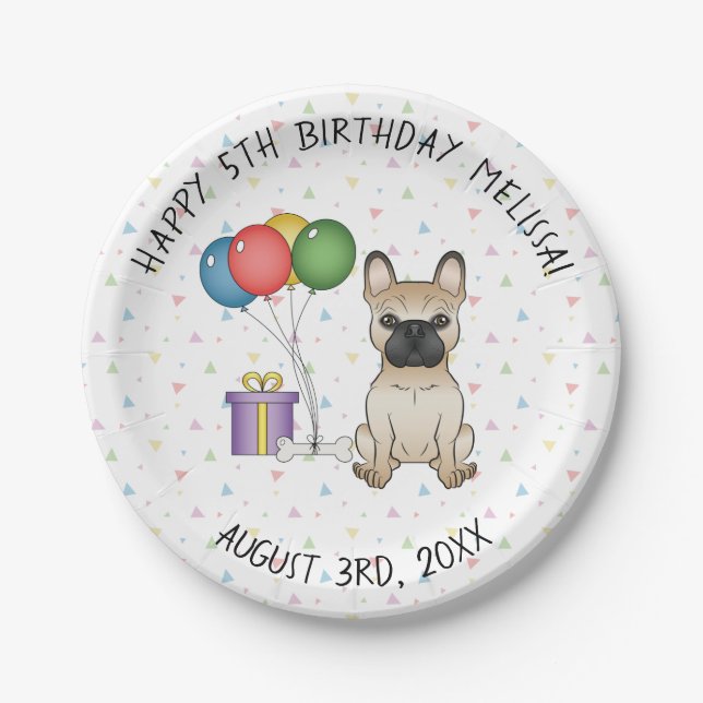 Fawn French Bulldog Cartoon Dog - Birthday Paper Plate (Front)