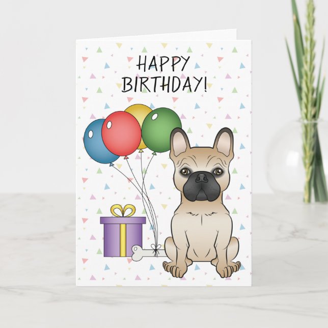 Fawn French Bulldog Cartoon Dog Happy Birthday Card (Front)