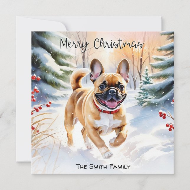 Fawn French Bulldog In Snow Merry Christmas Holiday Card (Front)