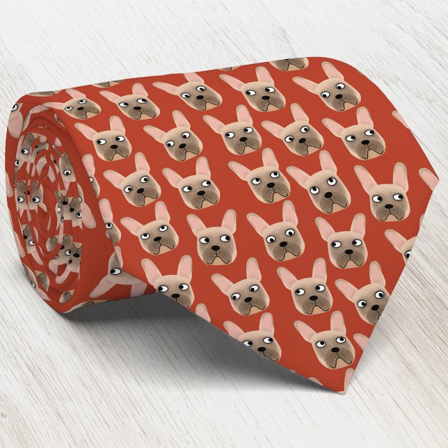 Fawn French Bulldog Red Neck Tie (Fawn French Bulldog dog pattern art neck tie)