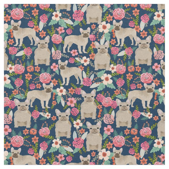 Fawn French Bulldogs Vintage Floral Navy Fabric (Close Up)