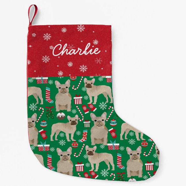Fawn Frenchie Custom name dog christmas Small Christmas Stocking (Front)