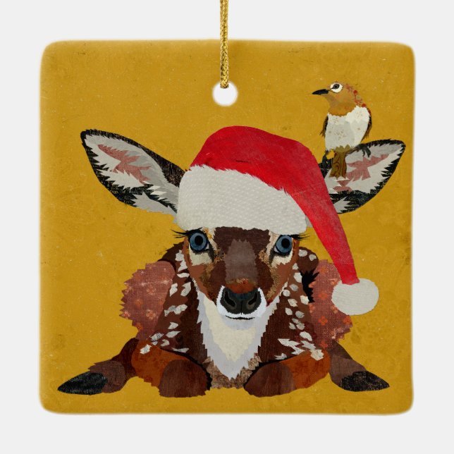 FAWN & GOLDEN BIRD CHRISTMAS CERAMIC ORNAMENT (Back)