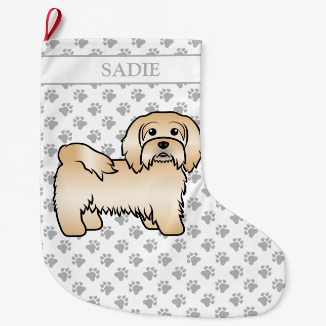 Fawn Havanese Cute Cartoon Dog Illustration & Name Large Christmas Stocking (Front)
