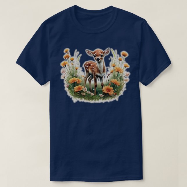 fawn in a field of flowers T-Shirt (Design Front)