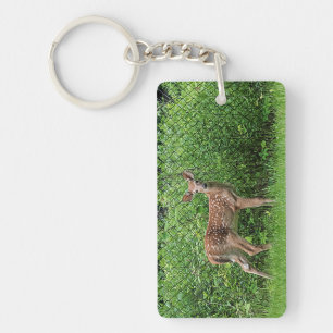 Fawn in front of a fence key ring
