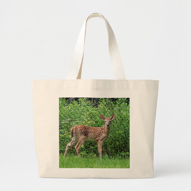 Fawn in front of a fence large tote bag (Front)