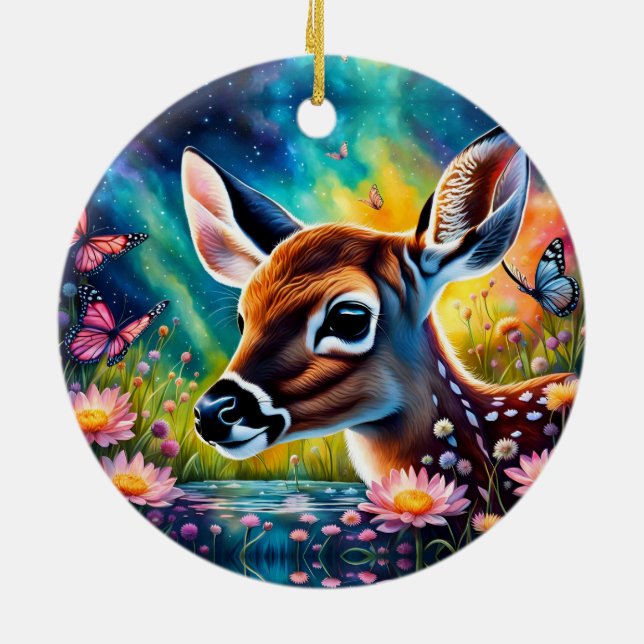 Fawn in Meadow Pond  Ceramic Tree Decoration (Back)
