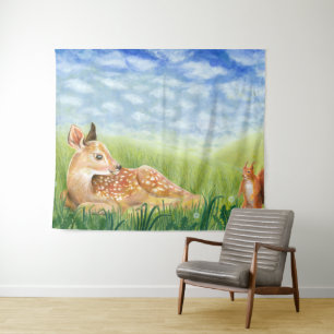 Fawn in the Grass Illustration Tapestry