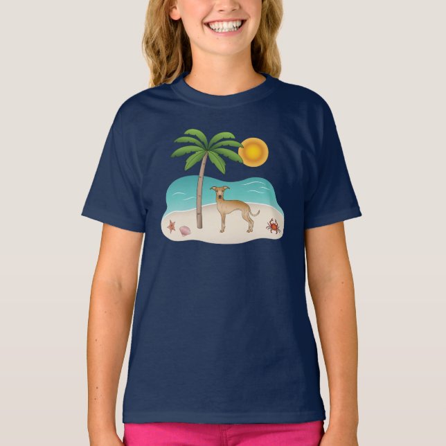 Fawn Italian Greyhound At Tropical Summer Beach T-Shirt (Front)