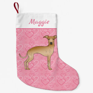 Fawn Italian Greyhound Cute Dog On Pink Hearts Small Christmas Stocking