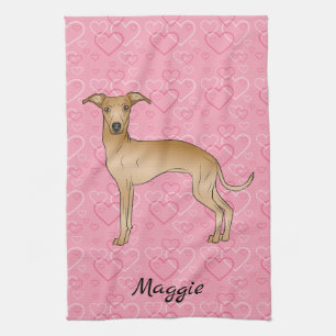 Fawn Italian Greyhound Cute Dog On Pink Hearts Tea Towel