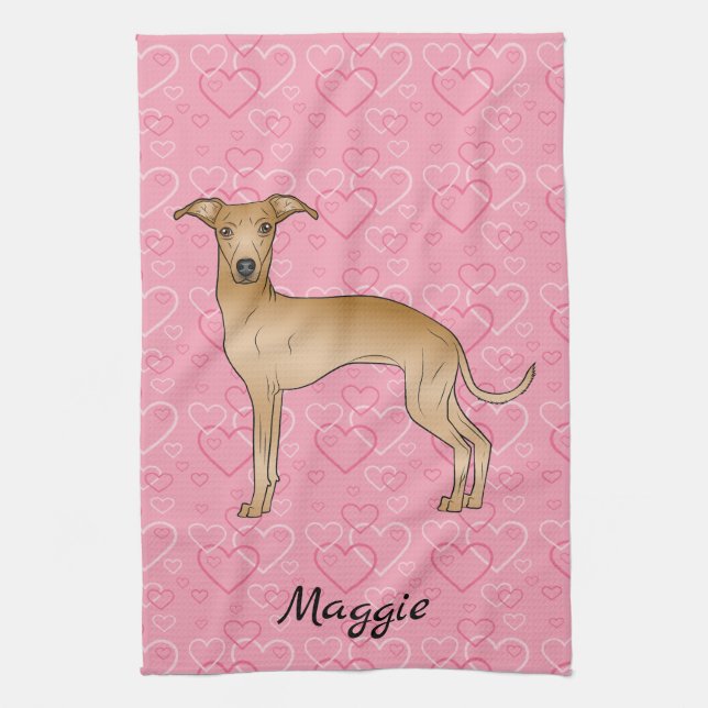 Fawn Italian Greyhound Cute Dog On Pink Hearts Tea Towel (Vertical)