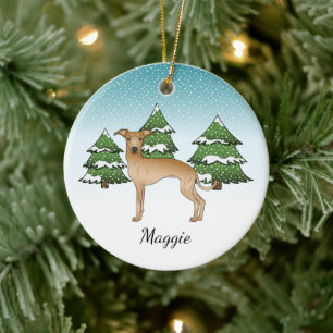 Fawn Italian Greyhound Dog In A Winter Forest Ceramic Tree Decoration