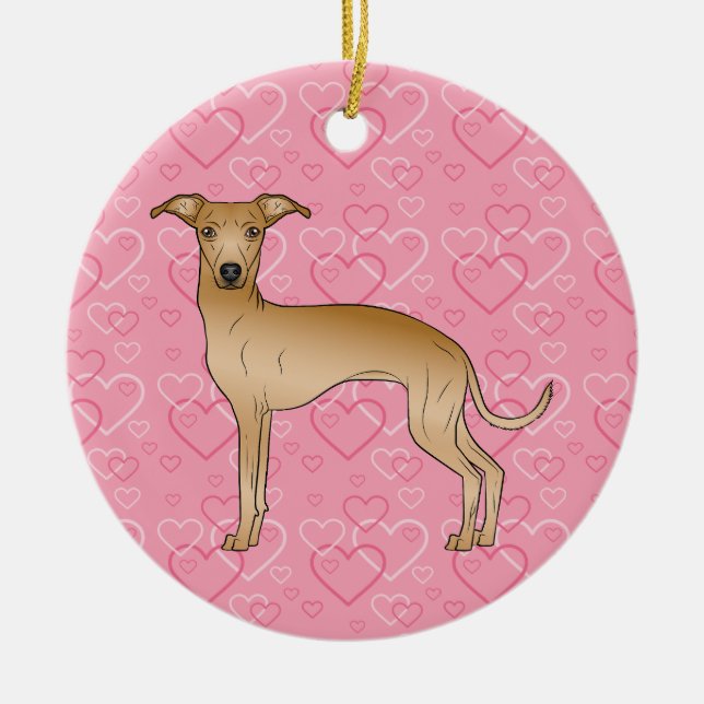 Fawn Italian Greyhound Pink Hearts Pet Memorial Ceramic Tree Decoration (Front)