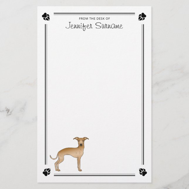 Fawn Italian Greyhound With Paws And Custom Text Stationery (Front)