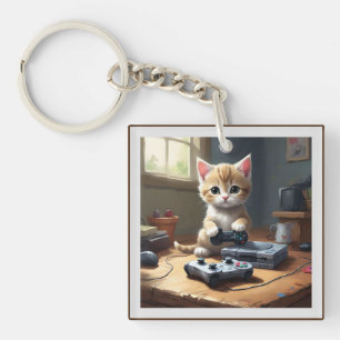 Fawn Kitten Playing Video Games, Key Ring