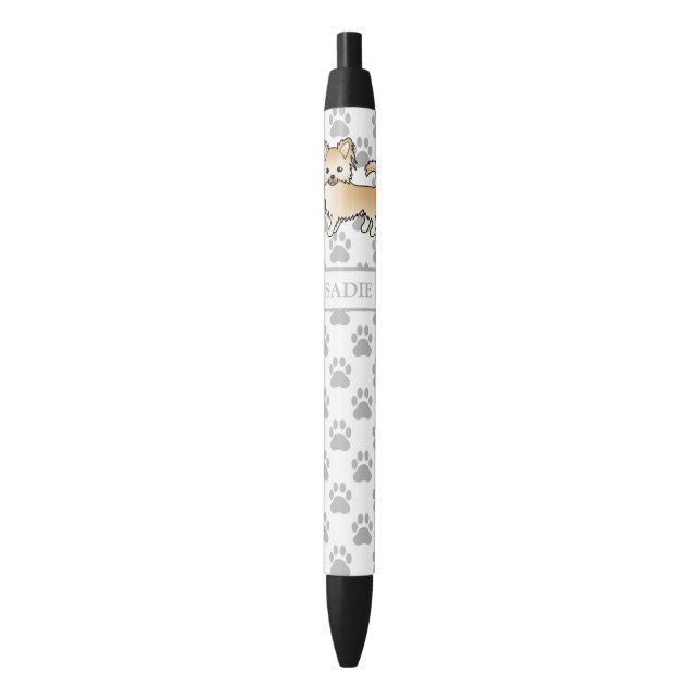 Fawn Long Coat Chihuahua Cartoon Dog & Name Black Ink Pen (Front Vertical)