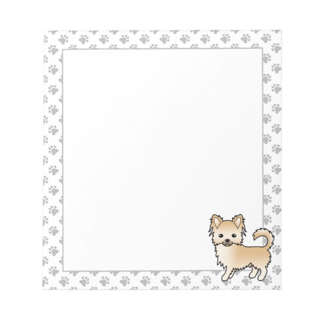 Fawn Long Coat Chihuahua Cartoon Dog & Paws Notepad (Front)