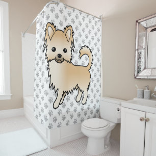 Fawn Long Coat Chihuahua Cartoon Dog & Paws Shower Curtain
