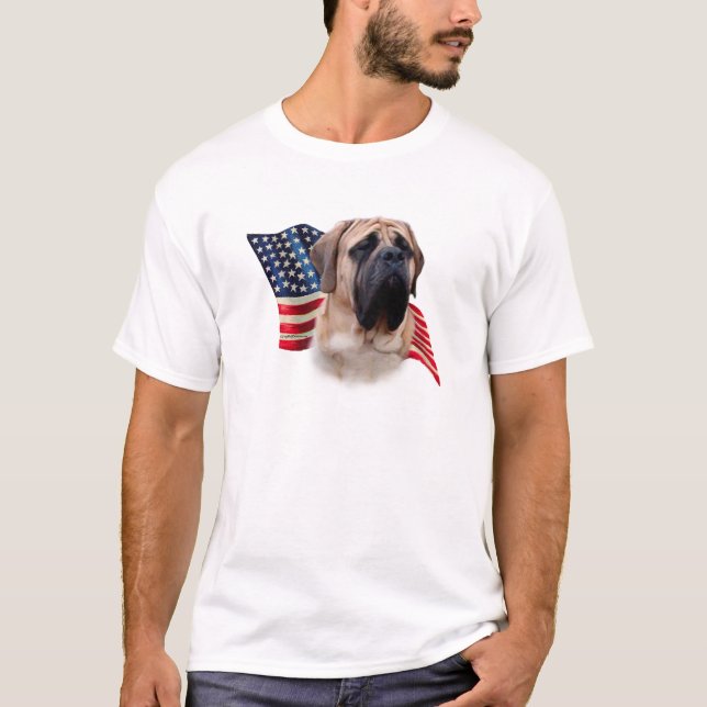 Fawn Mastiff American Flag; Patriotic Mastiff T-Shirt (Front)