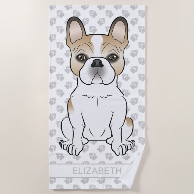 Fawn Pied French Bulldog / Frenchie Dog & Name Beach Towel (Front)
