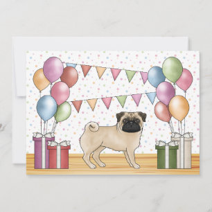 Fawn Pug Cartoon Dog Colourful Pastels Birthday Invitation