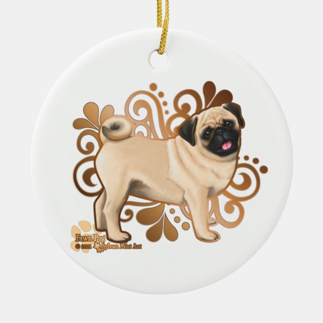 Fawn Pug Ceramic Tree Decoration (Front)