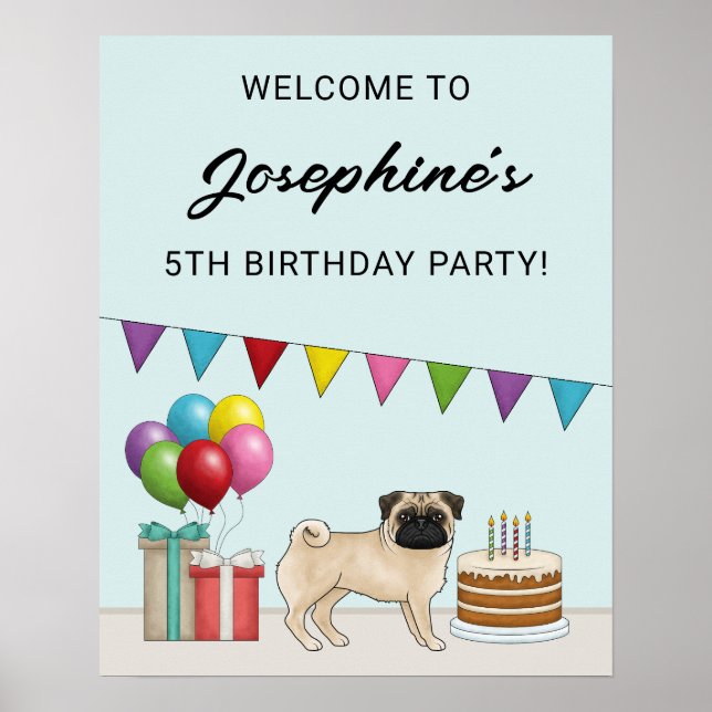 Fawn Pug Cute Cartoon Dog Birthday Welcome Poster (Front)