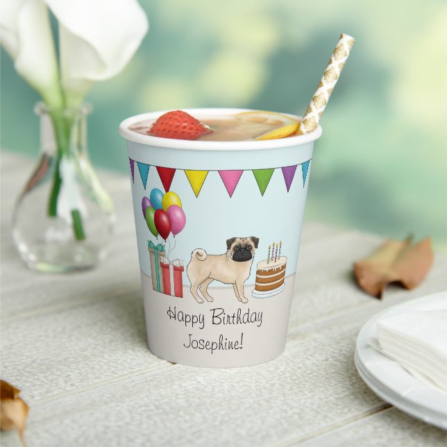 Fawn Pug Cute Cartoon Dog Colourful Birthday Paper Cups (Insitu)