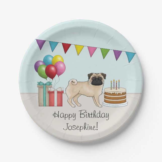 Fawn Pug Cute Cartoon Dog Colourful Birthday Paper Plate (Front)