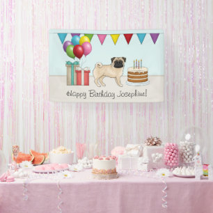 Fawn Pug Cute Cartoon Dog Colourful Happy Birthday Banner