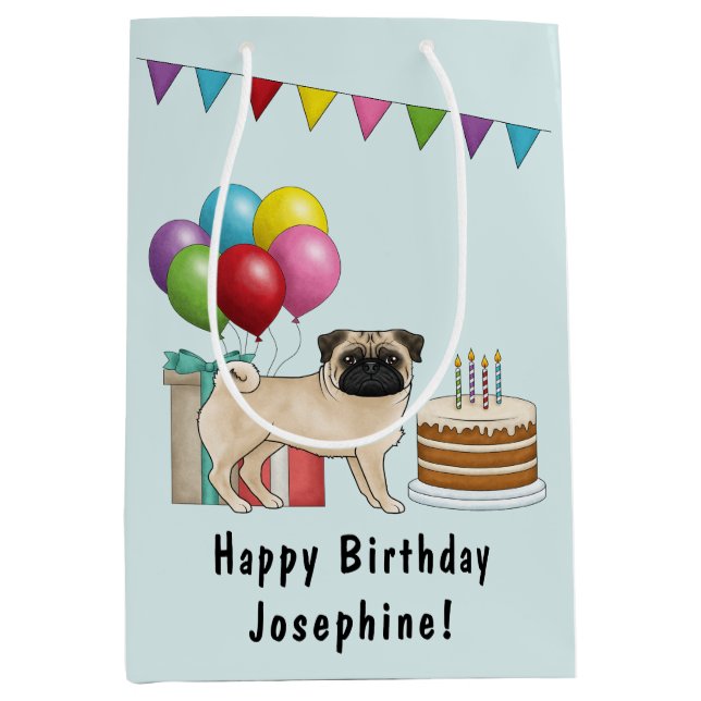 Fawn Pug Cute Cartoon Dog Colourful Happy Birthday Medium Gift Bag (Front)