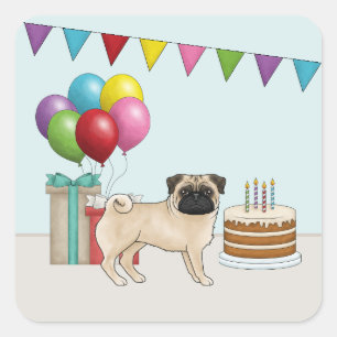 Fawn Pug Cute Cartoon Dog Design Colourful Birthda Square Sticker