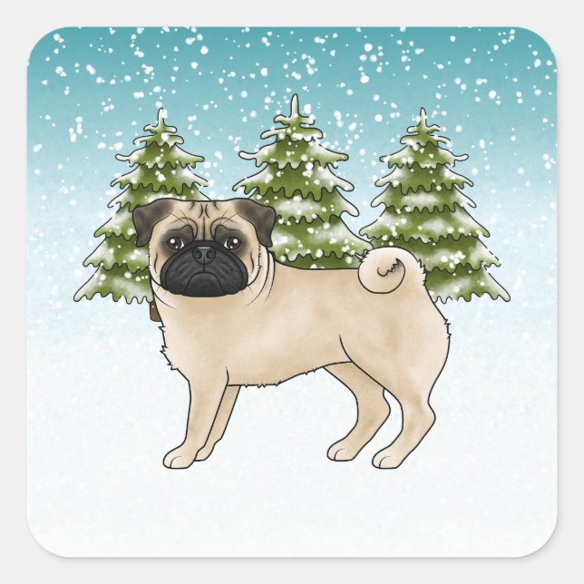 Fawn Pug Cute Cartoon Dog Snowy Winter Forest Square Sticker (Front)