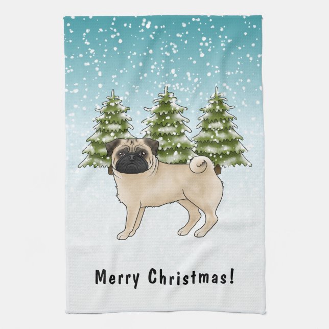 Fawn Pug Cute Cartoon Dog Snowy Winter Forest Tea Towel (Vertical)