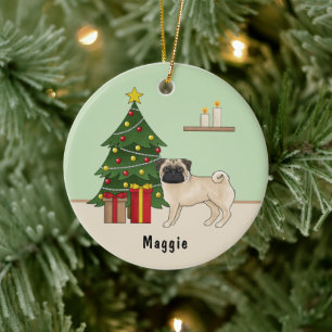 Fawn Pug Cute Cartoon Dog With A Christmas Tree Ceramic Tree Decoration