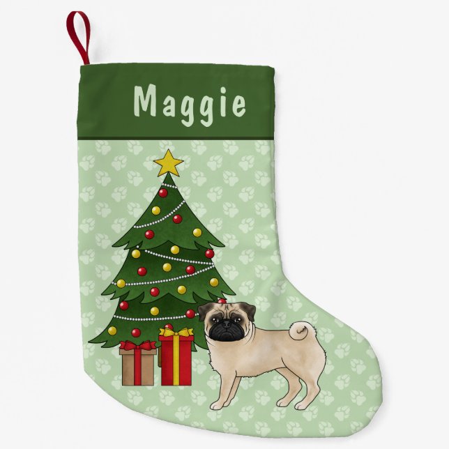 Fawn Pug Cute Cartoon Dog With A Christmas Tree Small Christmas Stocking (Front)