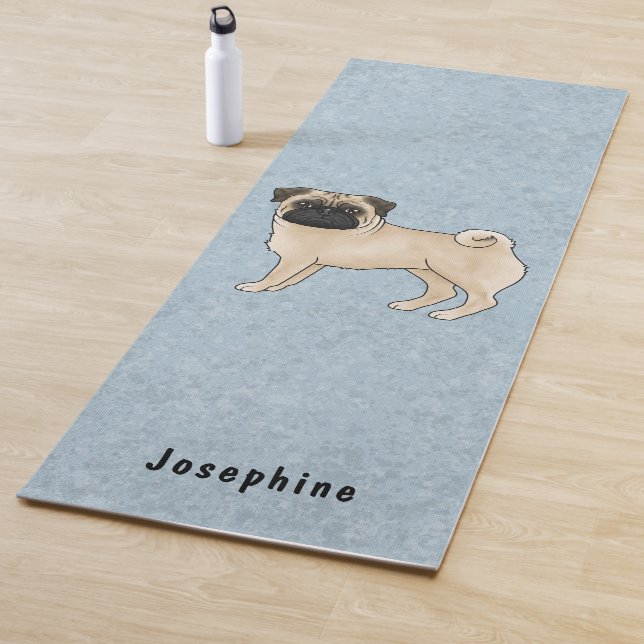 Fawn Pug Cute Cartoon Dog With Custom Name Blue Yoga Mat (In Situ)