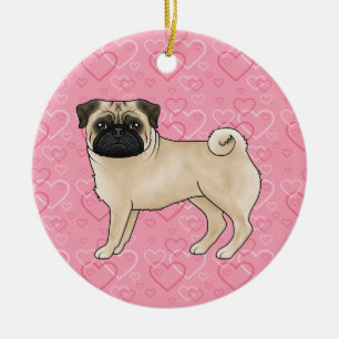 Fawn Pug Cute Mops On Pink Hearts Pet Memorial Ceramic Tree Decoration
