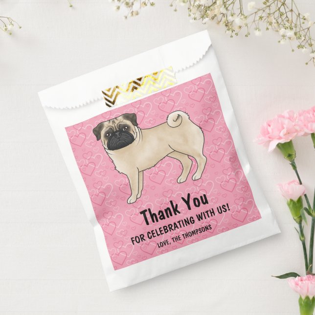 Fawn Pug Cute Mops On Pink Hearts Thank You Favour Bags (Sealed)