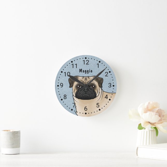 Fawn Pug Dog Breed Head Close-Up And Name Blue Round Clock (Home)
