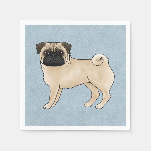 Fawn Pug Dog Canine Cute Cartoon Illustration Blue Napkin (Front)